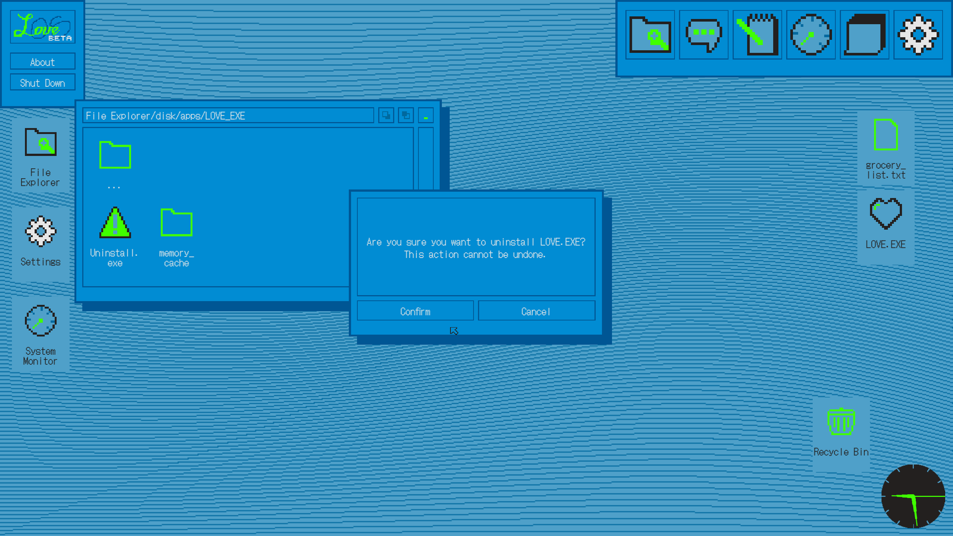 The uninstall dialog: "Are you sure you want to uninstall LOVE.EXE?"