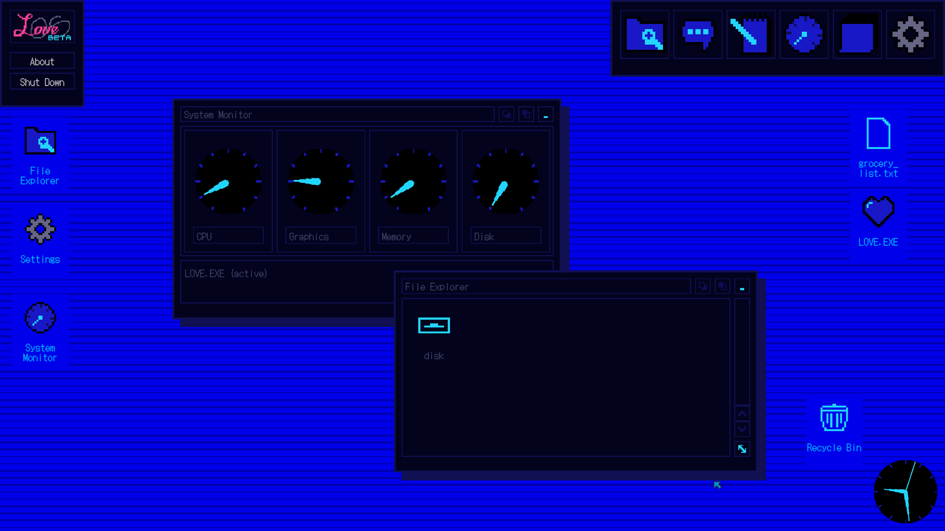 The desktop later on, with System Monitor and File Explorer