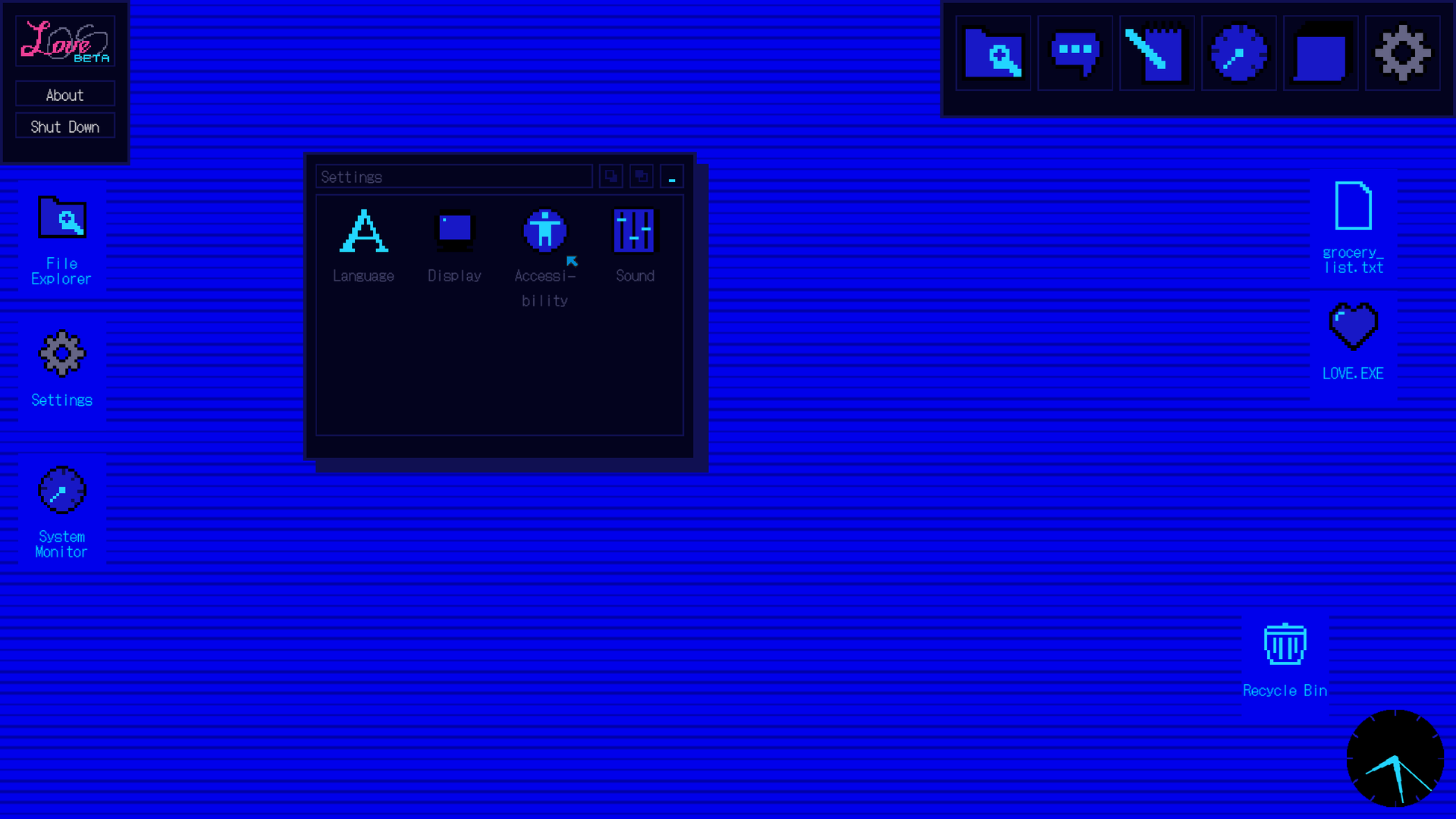 The Settings window: Language, Display, Accessibility and Sound